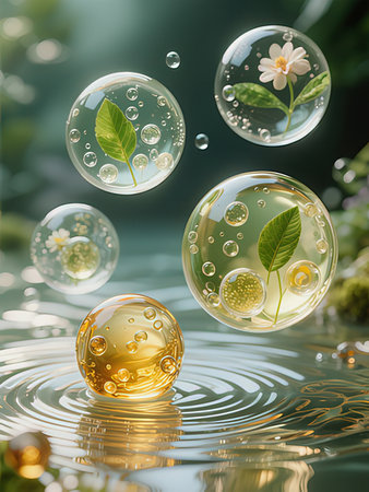 Soap bubbles floating on water surface with green leaves and flowers.