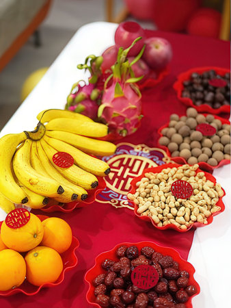 Fruits and nuts for Chinese lunar new year, closeup of photoの写真素材