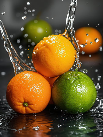 Fresh citrus fruits with splashes of water on a black background.の写真素材