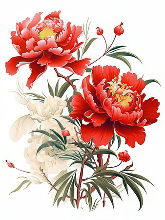 Beautiful peony flowers in retro style on a white background.の写真素材