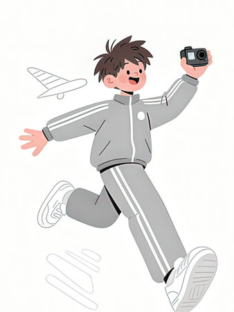 A boy in a flying suit with a camera. Vector illustration.の写真素材