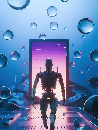 3D rendering of a robot standing in front of a transparent screenの写真素材