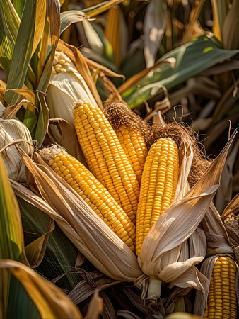 Ripe corn on the cob ready for harvest in a corn fieldの写真素材
