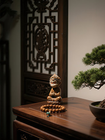 Chinese zen garden in the form of wooden figurines, closeupの写真素材