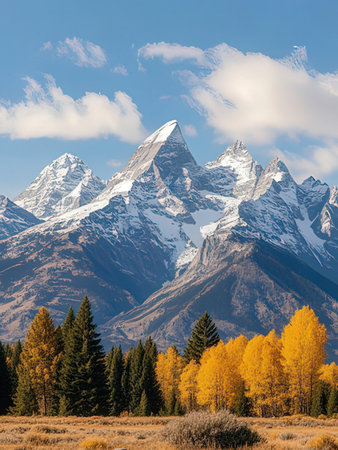 Colorful yellow aspens and snowcapped mountains in autumnの写真素材