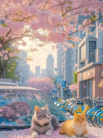 Cute cat sleeping on the roof of a car with cherry blossom backgroundの写真素材