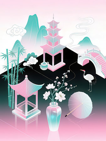 Illustration of a Chinese landscape with pagodas, lanterns and bambooの写真素材
