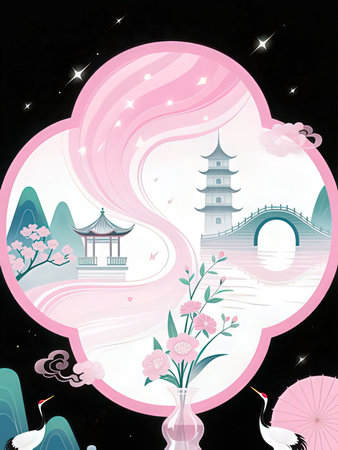 Illustration of a Japanese landscape with a pond and a pagodaの写真素材