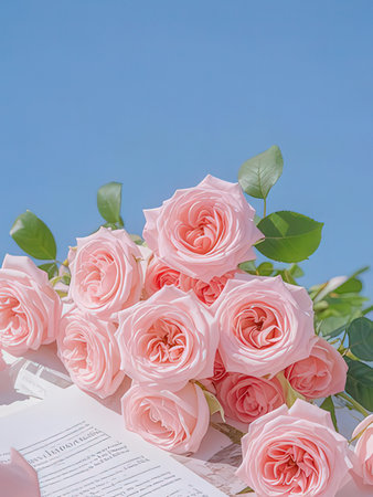 Bouquet of pink roses and open book on blue sky backgroundの写真素材