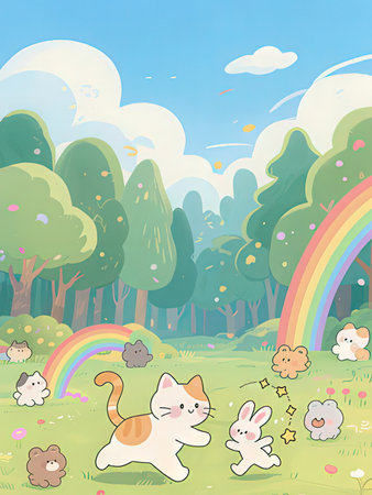 Cartoon illustration of a cute cat playing in the park with rainbowの写真素材
