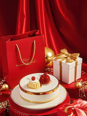 3d render of christmas cake and gift on red satin backgroundの写真素材