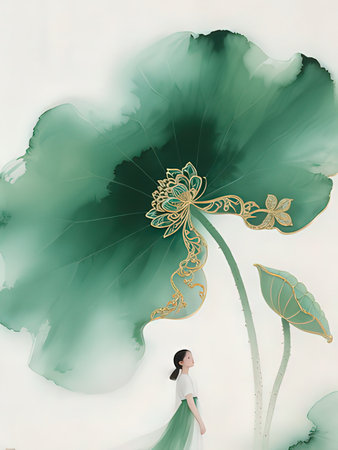 Young woman in white dress and golden butterfly on lotus leaf.の写真素材