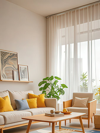 interior of modern living room with yellow sofa, coffee table and plants. 3d renderの写真素材