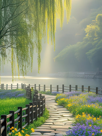 Wooden walkway along the lake with flowers and willow treesの写真素材