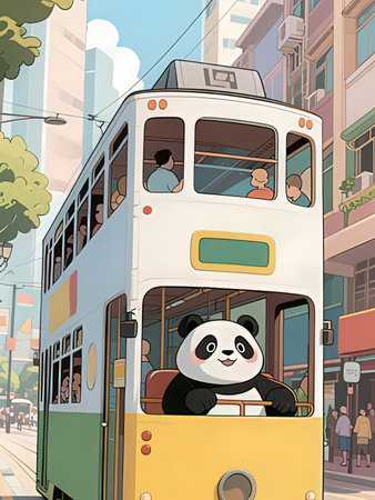 cartoon scene with a panda on a city bus illustration for childrenの写真素材