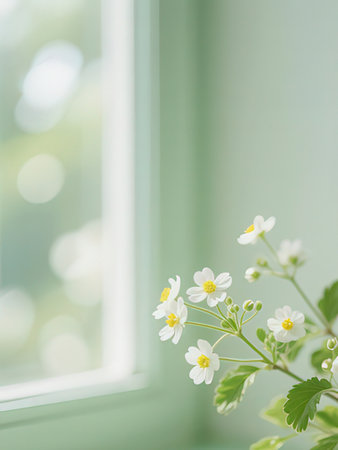 White spring flowers on a window sill. Spring background with copy space