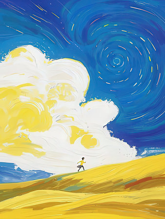Illustration of a man standing on a hill and looking to the sun.の写真素材