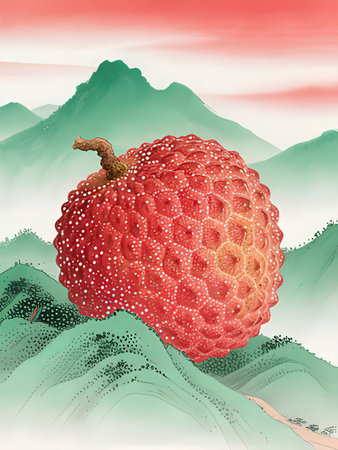 Illustration of a ripe lychee on a background of mountainsの写真素材