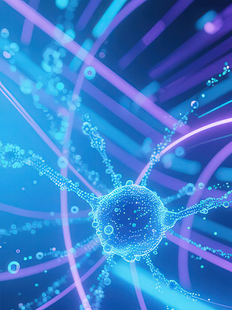 3d illustration of dna helix with glowing particles on blue background