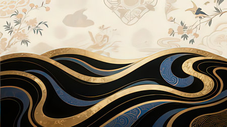3d illustration of black and gold abstract wavy background with floral pattern
