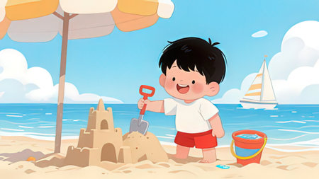 Boy playing on the beach with sandcastle and toys. Vector illustration.の写真素材