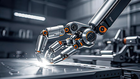 Robot hand working on a metal surface. 3d rendering. Robot arm.
