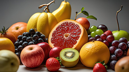 Composition with variety of fresh fruits on gray background, closeupの写真素材