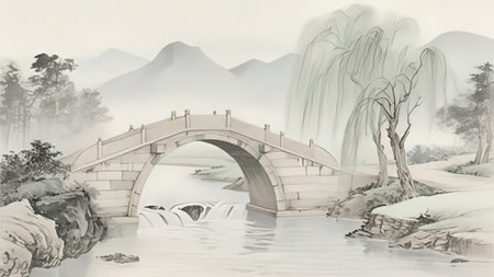 Digital Painting of a Japanese Bridge in the Snowy Winter Landscapeの写真素材