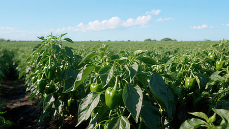 Green peppers growing in a field. Agricultural field with ripening peppers.の写真素材
