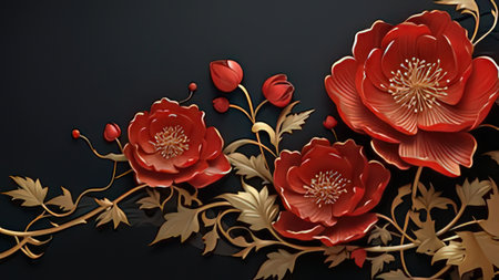 3d render of red flowers with gold ornament on black background.