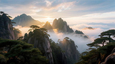 Panorama of Huangshan National Park at sunset, China.の写真素材