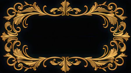 Illustration of a decorative frame with gold ornament on a black backgroundの写真素材