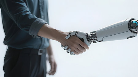 3d rendering humanoid robot hand shake with businesswoman on white backgroundのeditorial素材