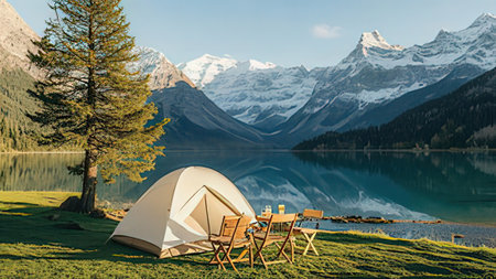 Camping on the shore of Lake Louise in Banff National Park, Alberta, Canada