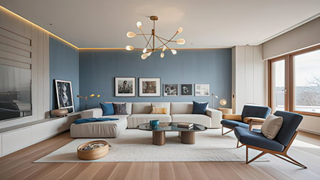 interior of modern living room with blue walls, 3d render