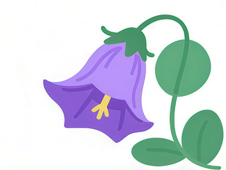 Illustration of a blue bellflower with green leaves on a white backgroundの写真素材