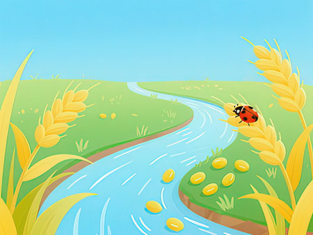 Illustration of a spring landscape with wheat and a ladybug.の写真素材