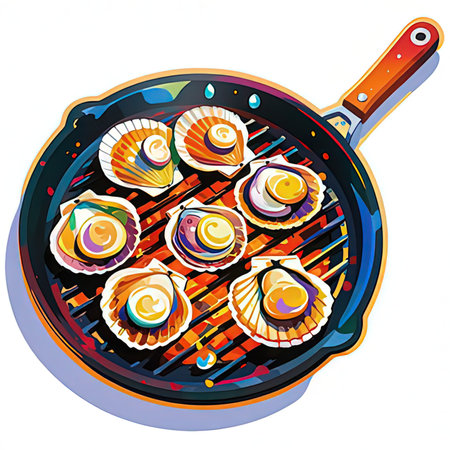 Illustration of a seafood frying pan full of fresh scallopsの写真素材