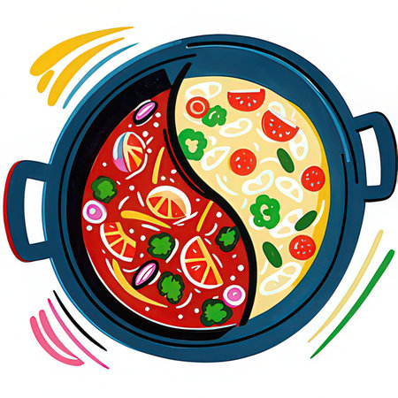Illustration of soup in a pot on a white background.