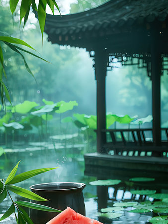 Watermelon and pot in chinese garden with water lily leavesの写真素材