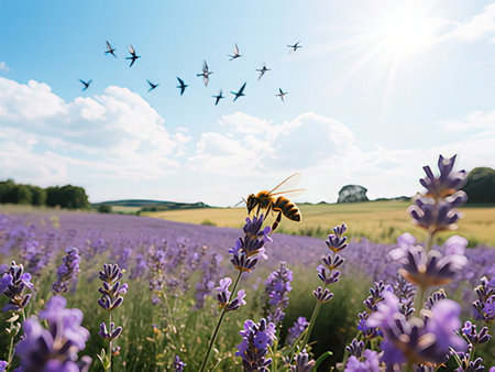 Honey bee flying over lavender field in summer, low angle viewの写真素材