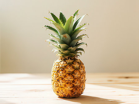 Pineapple on wooden table. Minimal style. Selective focus.