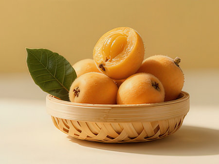 Loquat in a basket on a yellow background with copy space
