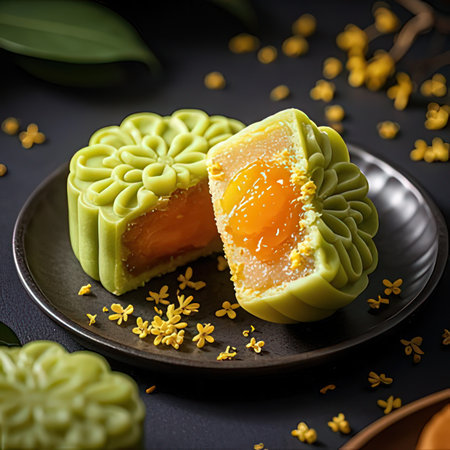 Green tea mochi on a black background. Chinese dessert.の写真素材