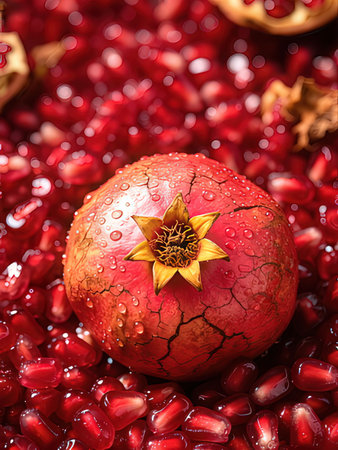 Pomegranate fruit with seeds and flower on a red backgroundの写真素材