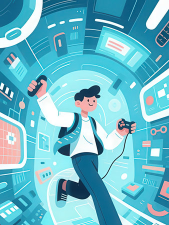 Joyful young man playing video games. Vector illustration in cartoon style