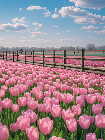 Pink tulips in a field with a wooden fence in the Netherlandsの写真素材