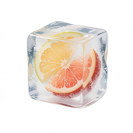 Citrus fruit frozen in ice cube on white background, 3D renderingの写真素材