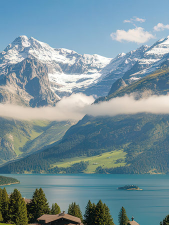 Beautiful alpine landscape with lake and mountains in background, Switzerland