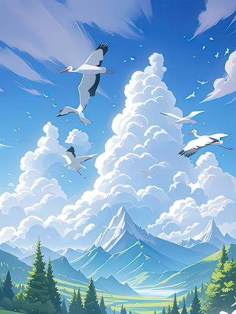 Seagulls flying in the blue sky. Vector illustration.